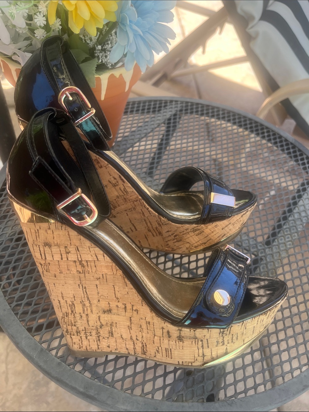 Wild Diva Black Patent Cork Wedge Sandals with Ankle Strap - Picture 7 of 9